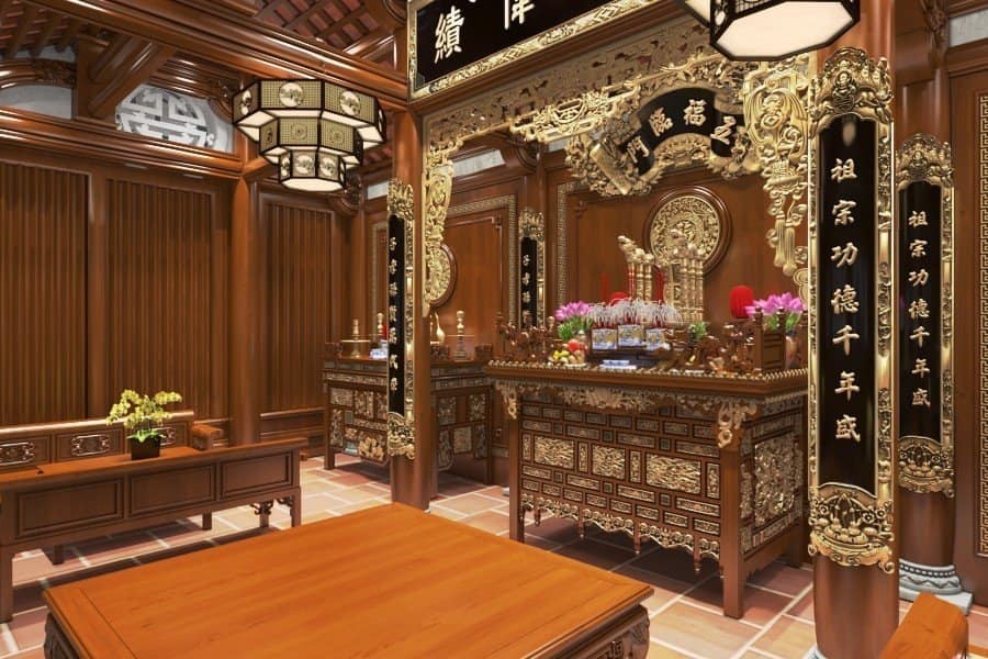 Góc nhìn phối cảnh cận cảnh cửa võng và câu đối